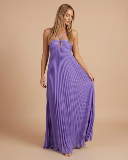Front view of lavender purple halter maxi dress with pleated skirt and halter straps