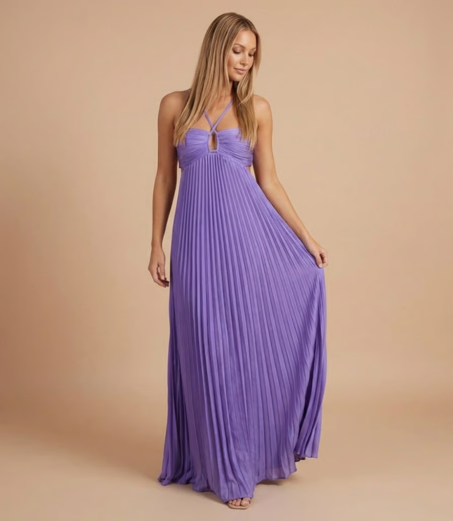 Front view of lavender purple halter maxi dress with pleated skirt and halter straps