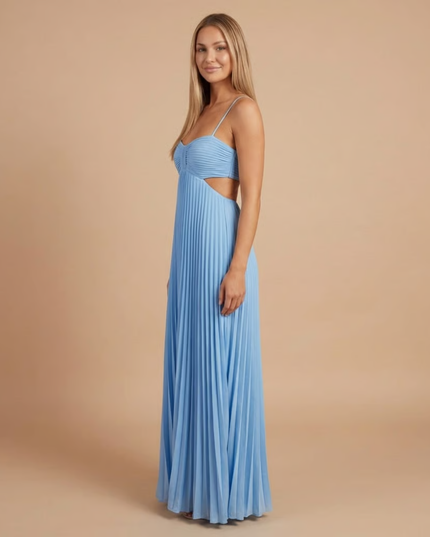 Light blue halter pleated maxi dress with side cutout detail
