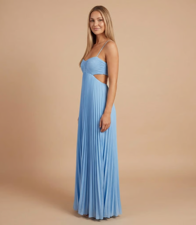 Light blue halter pleated maxi dress with side cutout detail