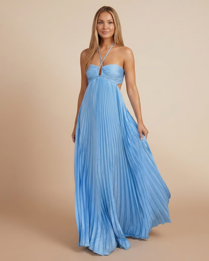 Blue pleated halter maxi dress with empire waist and flowing skirt