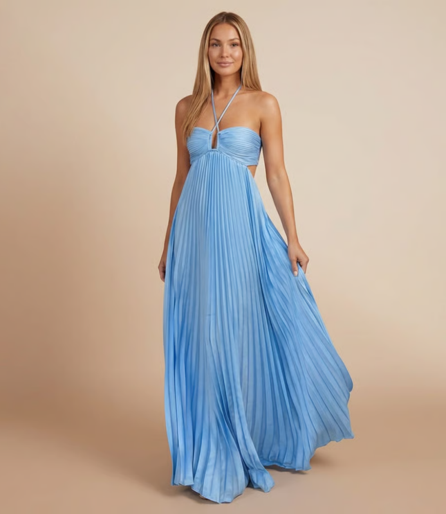 Blue pleated halter maxi dress with empire waist and flowing skirt