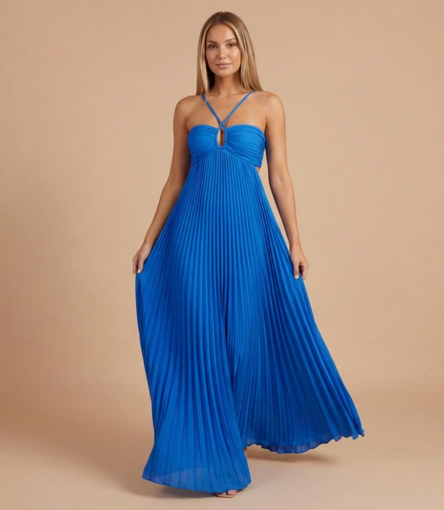 Royal blue halter pleated maxi dress with strappy neckline
