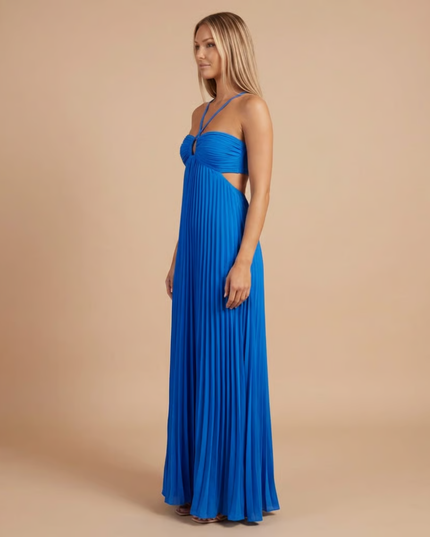 Blue halter pleated maxi dress with side cutout and long train