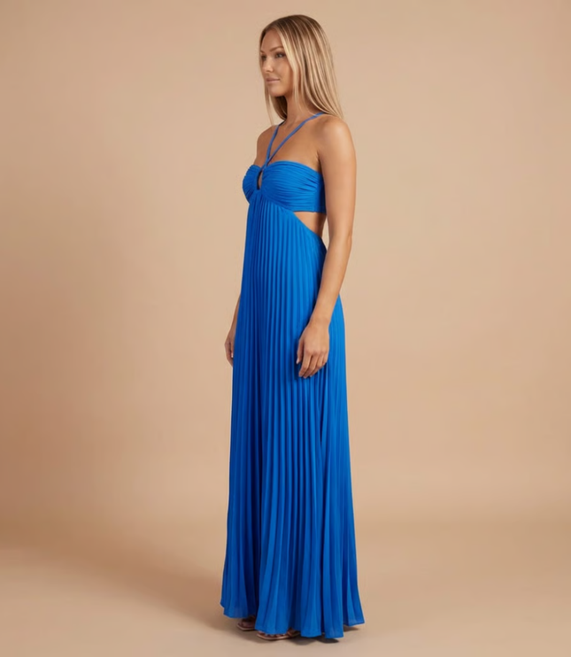 Blue halter pleated maxi dress with side cutout and long train