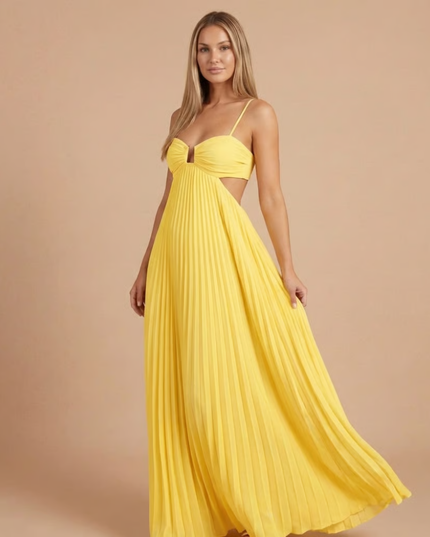 Yellow halter pleated maxi dress with cutout waist and flowing skirt