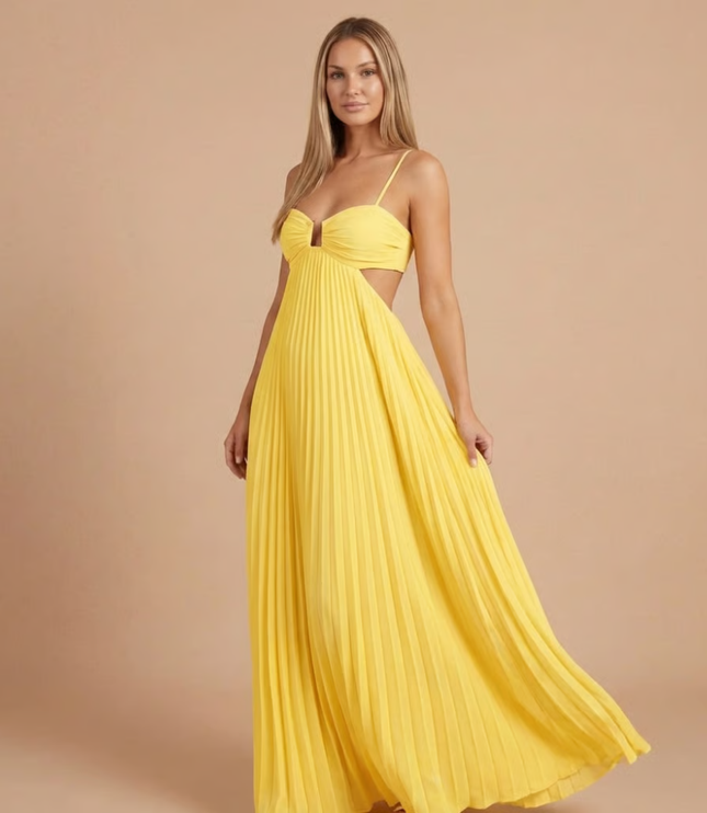 Yellow halter pleated maxi dress with cutout waist and flowing skirt