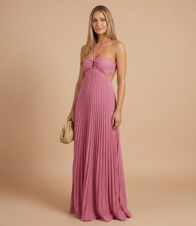 Mauve pink halter pleated maxi dress with cutout waist and keyhole detail