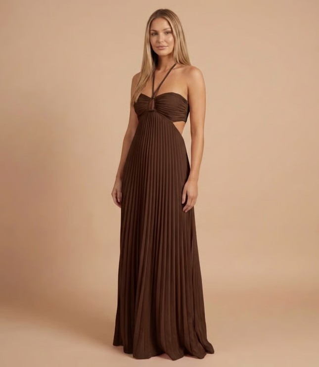 Chocolate brown halter pleated maxi dress with cutout waist and flowing hem