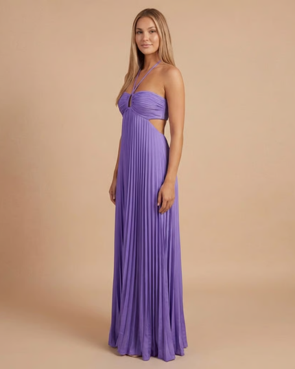Lavender purple halter pleated maxi dress with cutout waist and keyhole neckline