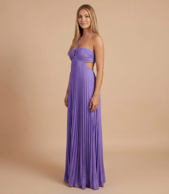 Lavender purple halter pleated maxi dress with cutout waist and keyhole neckline