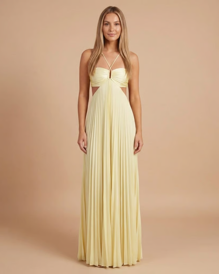 Cream halter pleated maxi dress with cutout waist and keyhole neckline