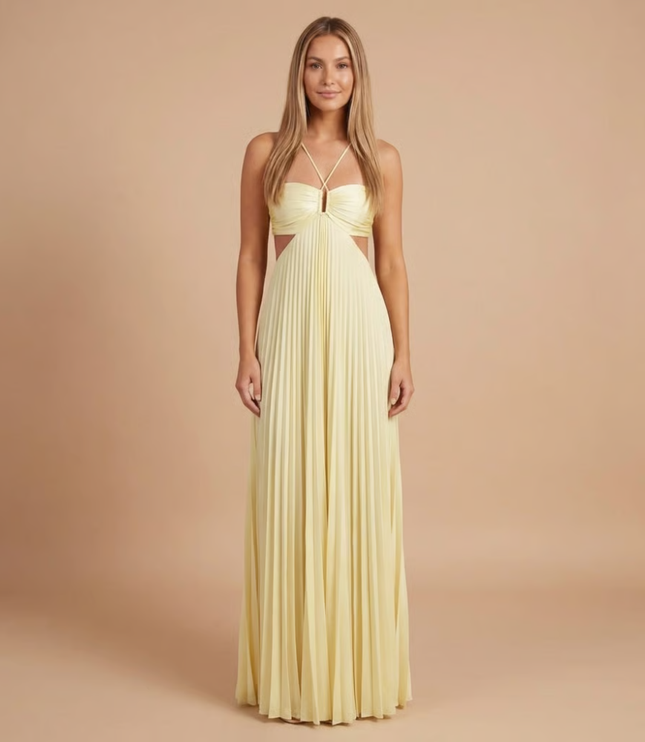 Cream halter pleated maxi dress with cutout waist and keyhole neckline