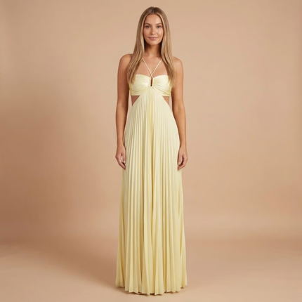 Cream halter pleated maxi dress with cutout waist and keyhole neckline