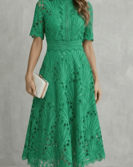 Emerald green lace high neck midi dress with short sleeves and scalloped hem for wedding guest