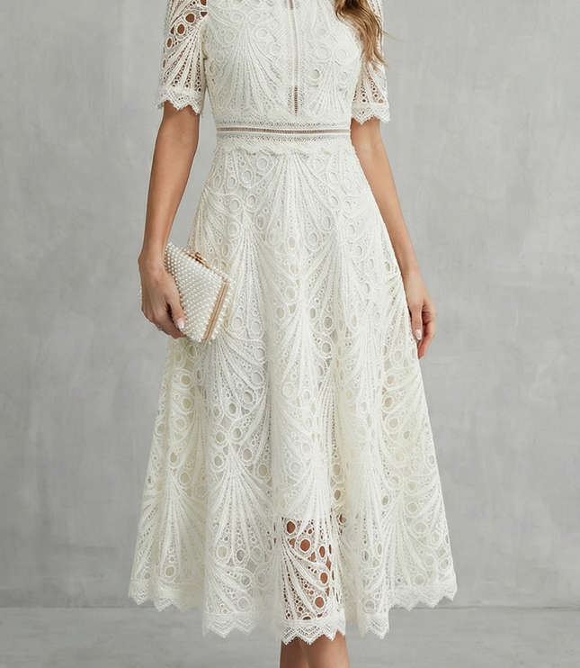 Ivory lace high neck midi dress with short sleeves and sheer patterned skirt for wedding guest