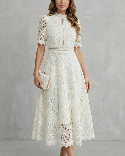 Front view of ivory lace midi dress with high neck, short sleeves, and fitted waist