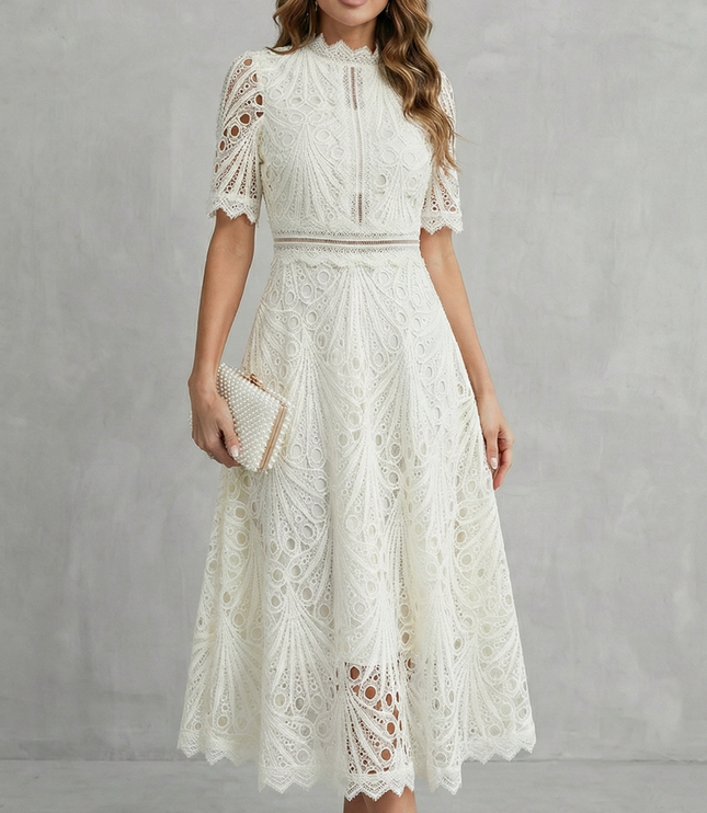 Front view of ivory lace midi dress with high neck, short sleeves, and fitted waist