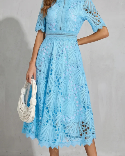 Light blue lace high neck midi dress with short sleeves and scalloped edges, wedding guest dress