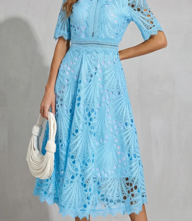 Light blue lace high neck midi dress with short sleeves and scalloped edges, wedding guest dress