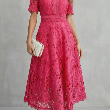 pink lace high neck midi dress with short sleeves and scalloped hem, wedding guest dress