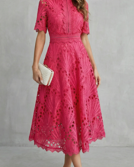 pink lace high neck midi dress with short sleeves and scalloped hem, wedding guest dress