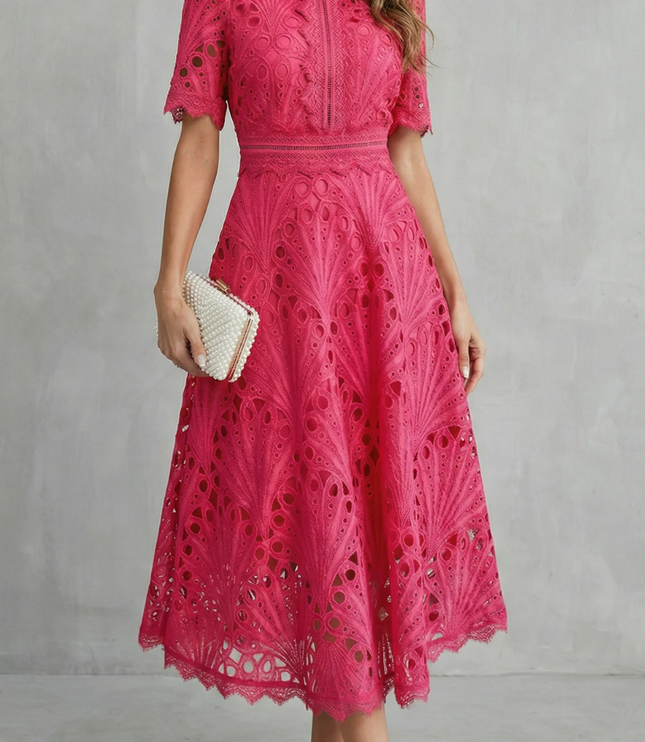 pink lace high neck midi dress with short sleeves and scalloped hem, wedding guest dress