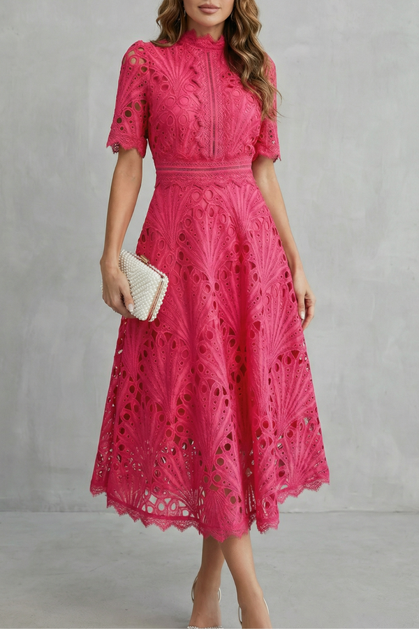 pink lace high neck midi dress with short sleeves and scalloped hem, wedding guest dress