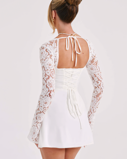 Vestido mini de encaje con mangas largas para invitada de boda para mujer