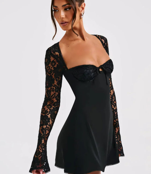 Vestido mini de encaje con mangas largas para invitada de boda para mujer