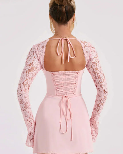 Vestido mini de encaje con mangas largas para invitada de boda para mujer