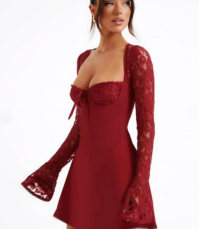 Vestido mini de encaje con mangas largas para invitada de boda para mujer