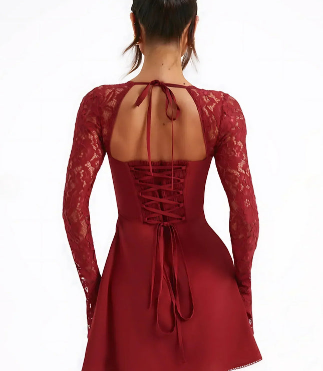 Vestido mini de encaje con cuello cuadrado y mangas largas para invitada de boda para mujer