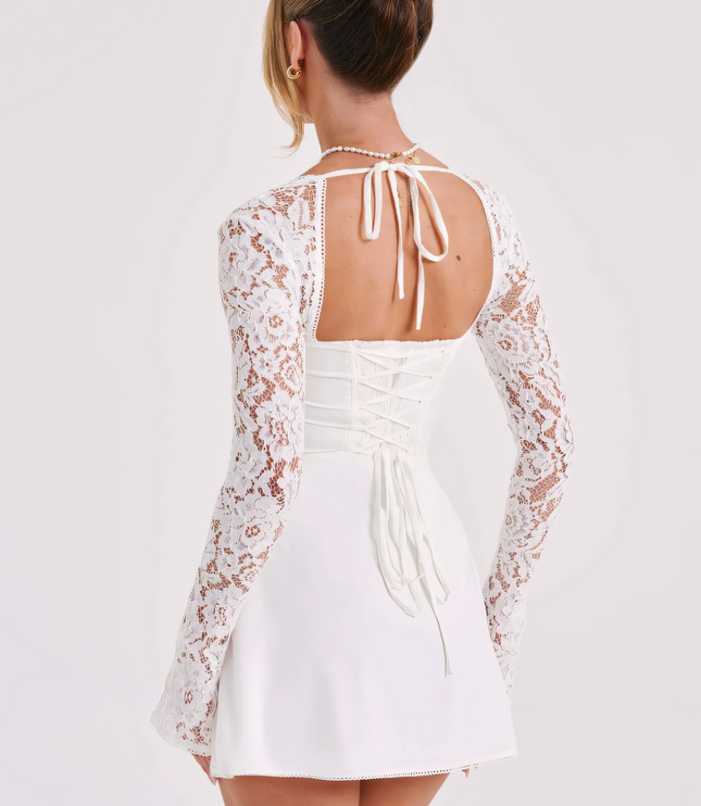 Vestido mini de encaje con cuello cuadrado y mangas largas para invitada de boda para mujer