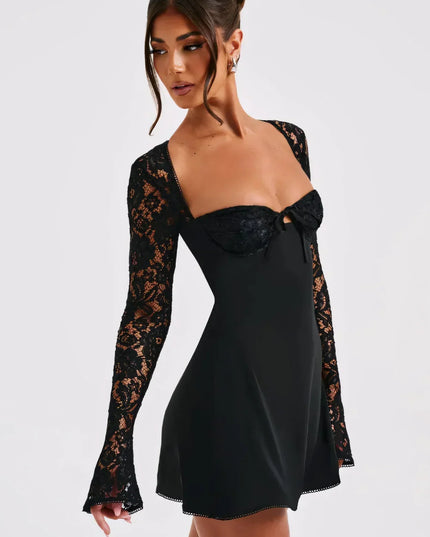 Vestido mini de encaje con cuello cuadrado y mangas largas para invitada de boda para mujer