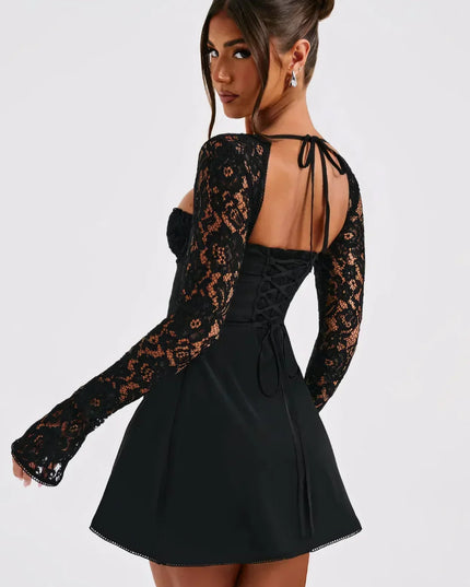 Vestido mini de encaje con cuello cuadrado y mangas largas para invitada de boda para mujer
