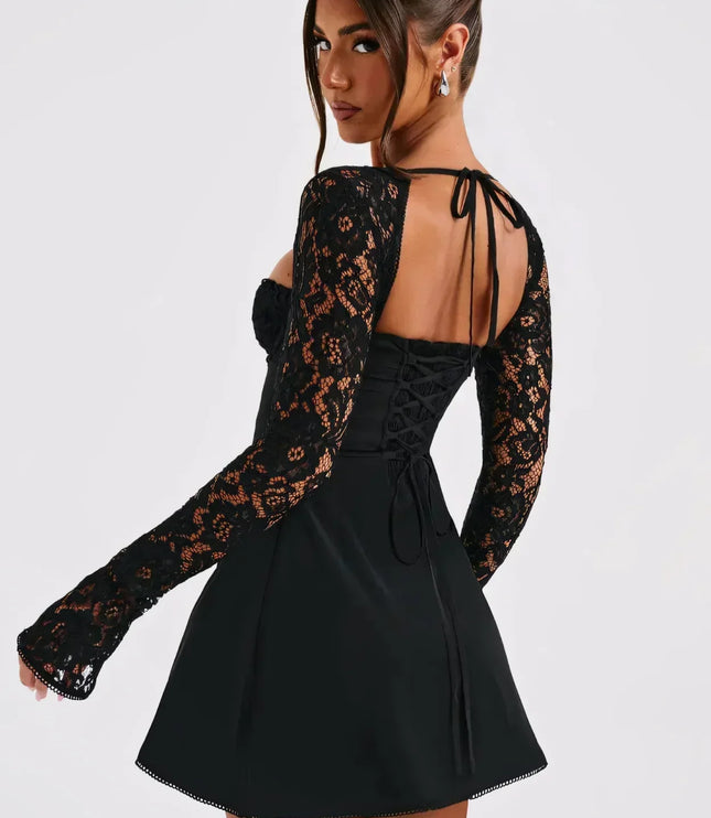 Vestido mini de encaje con cuello cuadrado y mangas largas para invitada de boda para mujer