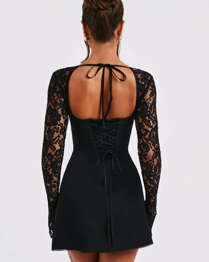 Vestido mini de encaje con cuello cuadrado y mangas largas para invitada de boda para mujer
