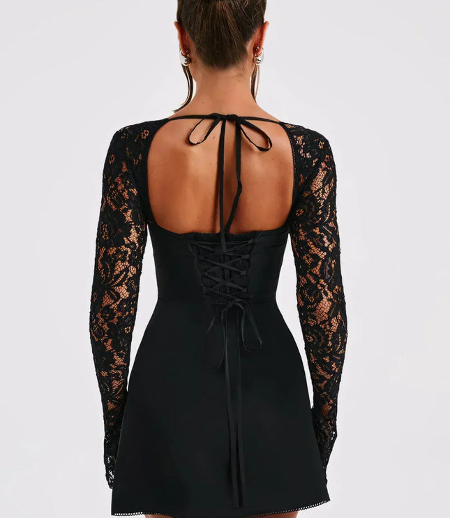 Vestido mini de encaje con cuello cuadrado y mangas largas para invitada de boda para mujer