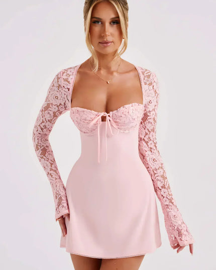 Vestido mini de encaje con cuello cuadrado y mangas largas para invitada de boda para mujer