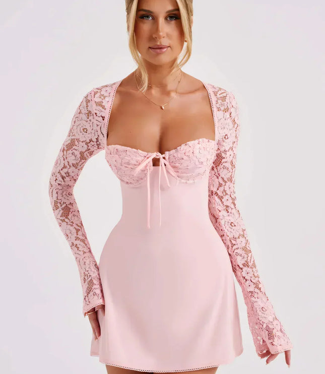 Vestido mini de encaje con cuello cuadrado y mangas largas para invitada de boda para mujer