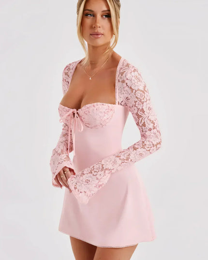 Vestido mini de encaje con cuello cuadrado y mangas largas para invitada de boda para mujer