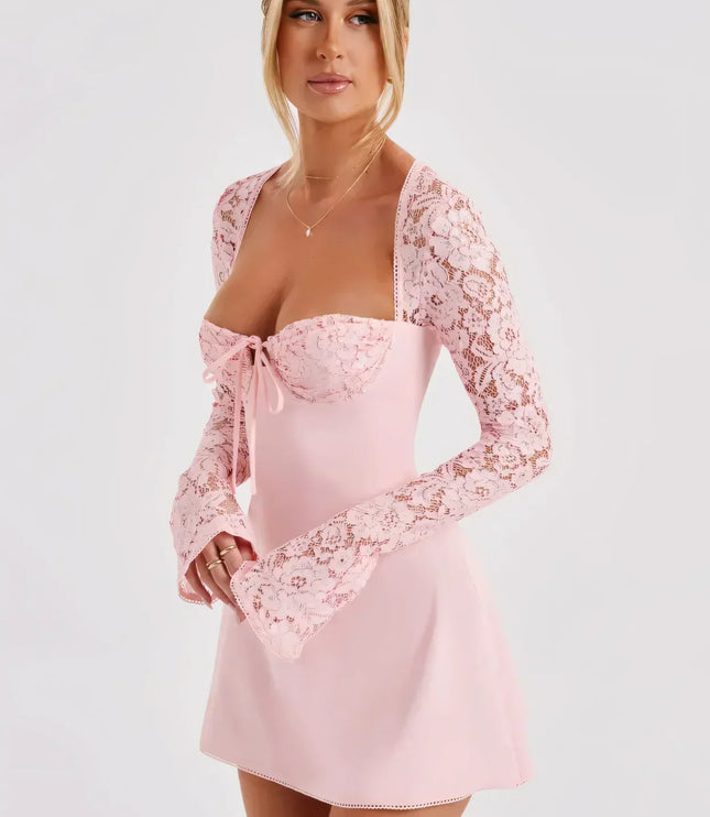 Vestido mini de encaje con cuello cuadrado y mangas largas para invitada de boda para mujer