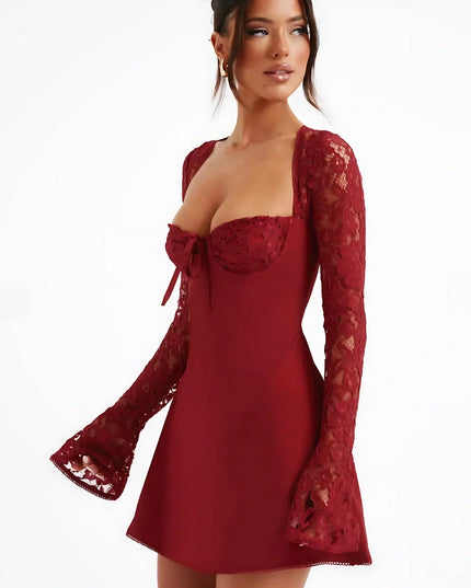 Vestido mini de encaje con cuello cuadrado y mangas largas para invitada de boda para mujer