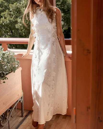 White eyelet lace wedding guest maxi dress with sleeveless ruffled neckline