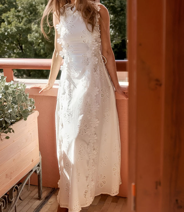 White eyelet lace wedding guest maxi dress with sleeveless ruffled neckline