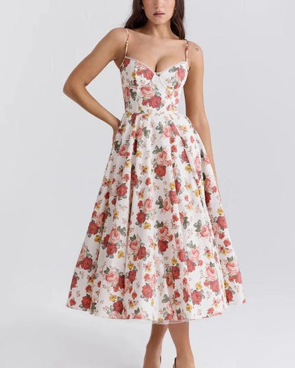 Floral midi dress with corset bodice and flared skirt for wedding guest