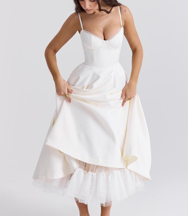 White midi dress with gathered skirt and tulle hem for wedding guest