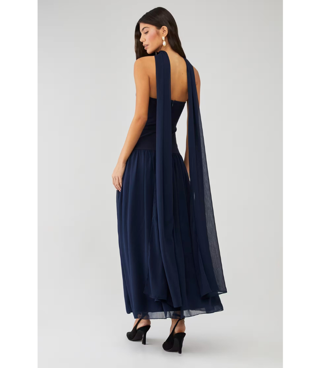 Back view of navy strapless maxi dress with open back and long sheer scarf detail