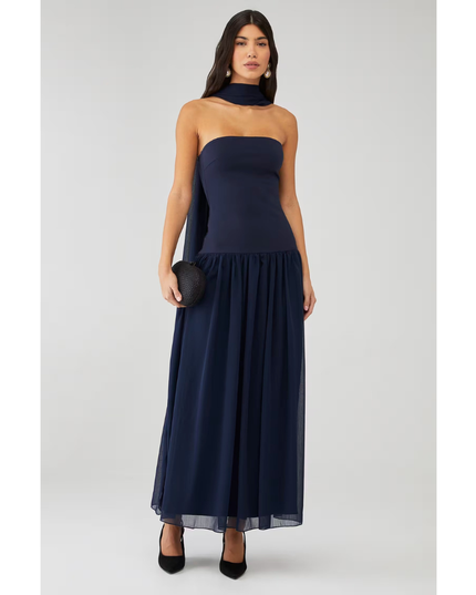 Navy strapless maxi dress with sheer overlay and scarf neck tie for wedding guest
